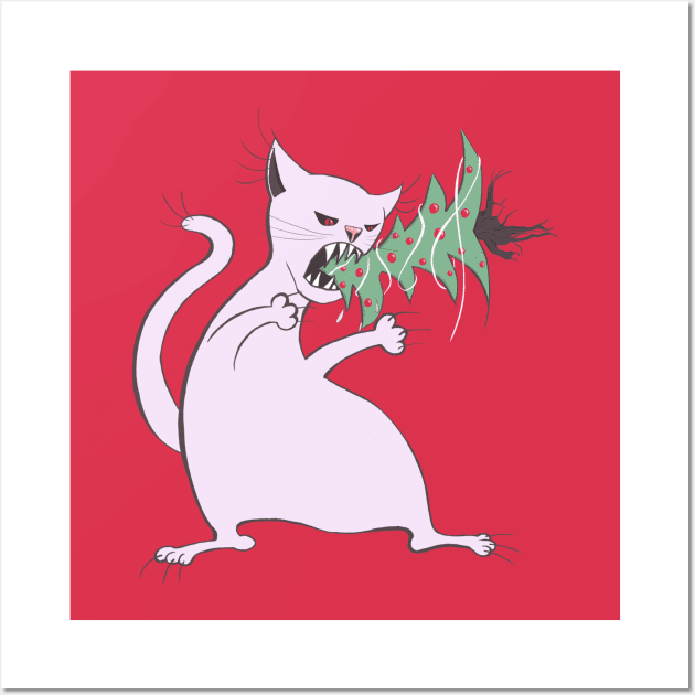 Funny Fat White Cat Eats Christmas Tree Wall Art by Boriana Giormova